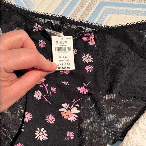 PINK Victoria's Secret Floral Lace and Cotton Panty Trio - Black, White, Pink - Picture 2 of 4